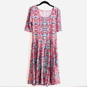 LuLaroe Dress M Nicole Geometric Floral Leaf Printed Orange Blue